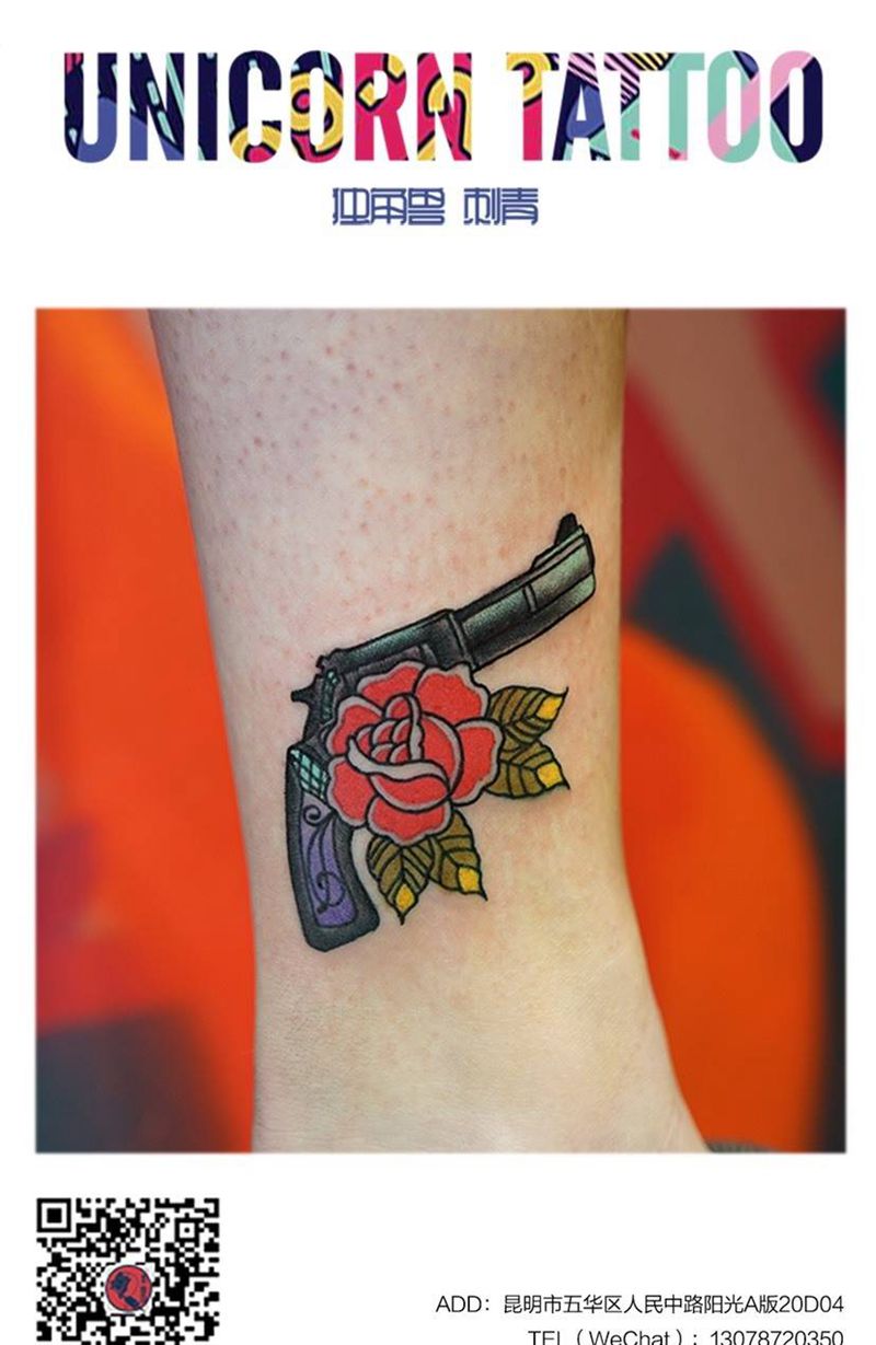 枪玫瑰纹身图片_成品腿部传统清新原创植物纹身图案