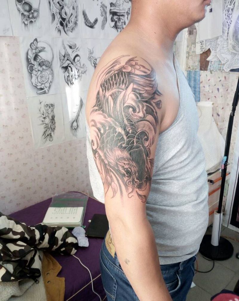 鲤鱼|遮盖纹身图片_手臂传统动物原创遮盖小白刺青塔图 针成品纹身图案