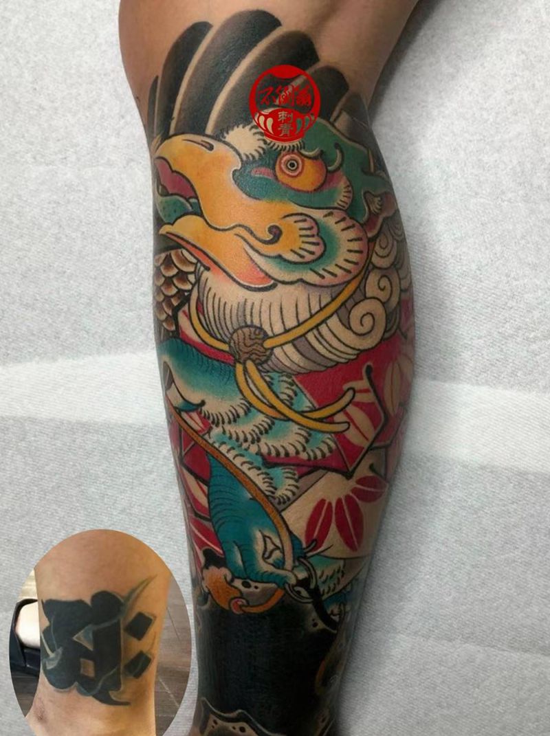 遮盖旧图纹身图片_腿部老传统纹身图案