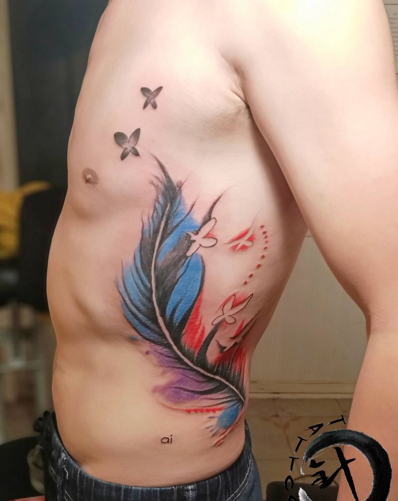 水彩羽毛纹身图片_腰部水彩羽毛水彩侧腰纹身图案