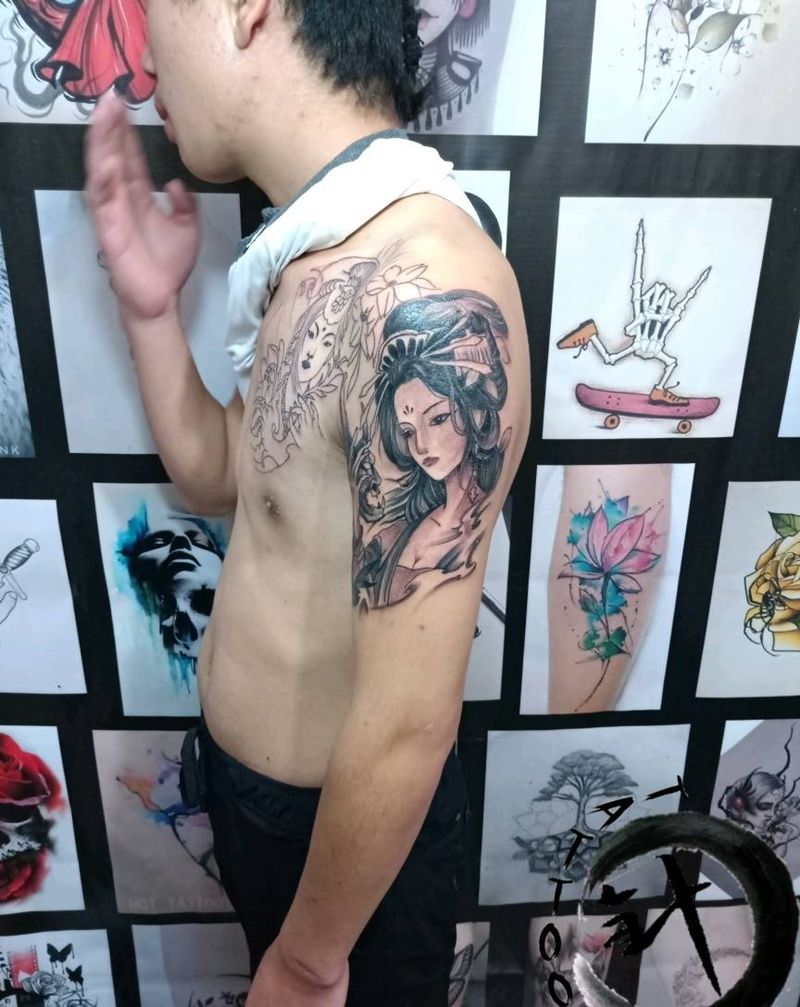 艺伎纹身图片_胸部手臂传统人物原创小小白刺塔图~针半成品纹身图案