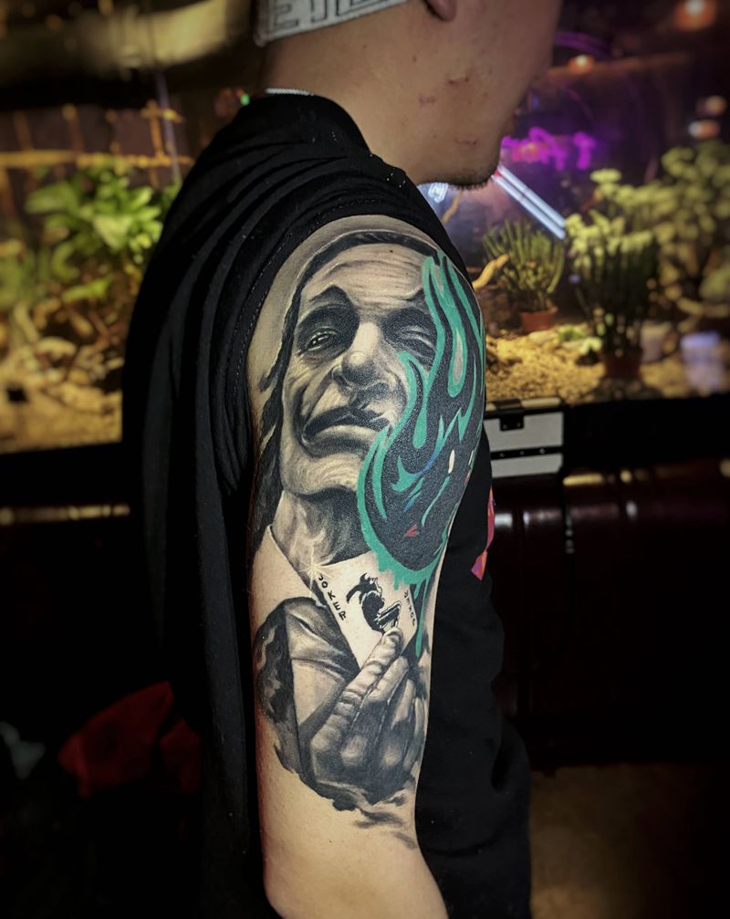 joker图腾修改恢复后纹身图片_手臂欧美写实图腾joker小丑写实纹身图案