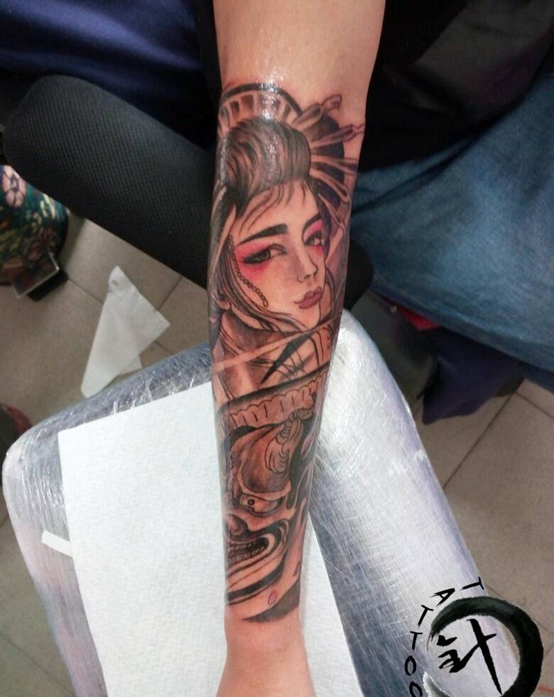 艺妓纹身图片_手臂传统人物原创小白刺青塔图 针成品纹身图案