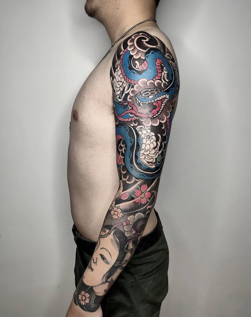 接花臂纹身图片_手臂老传统蛇纹身图案