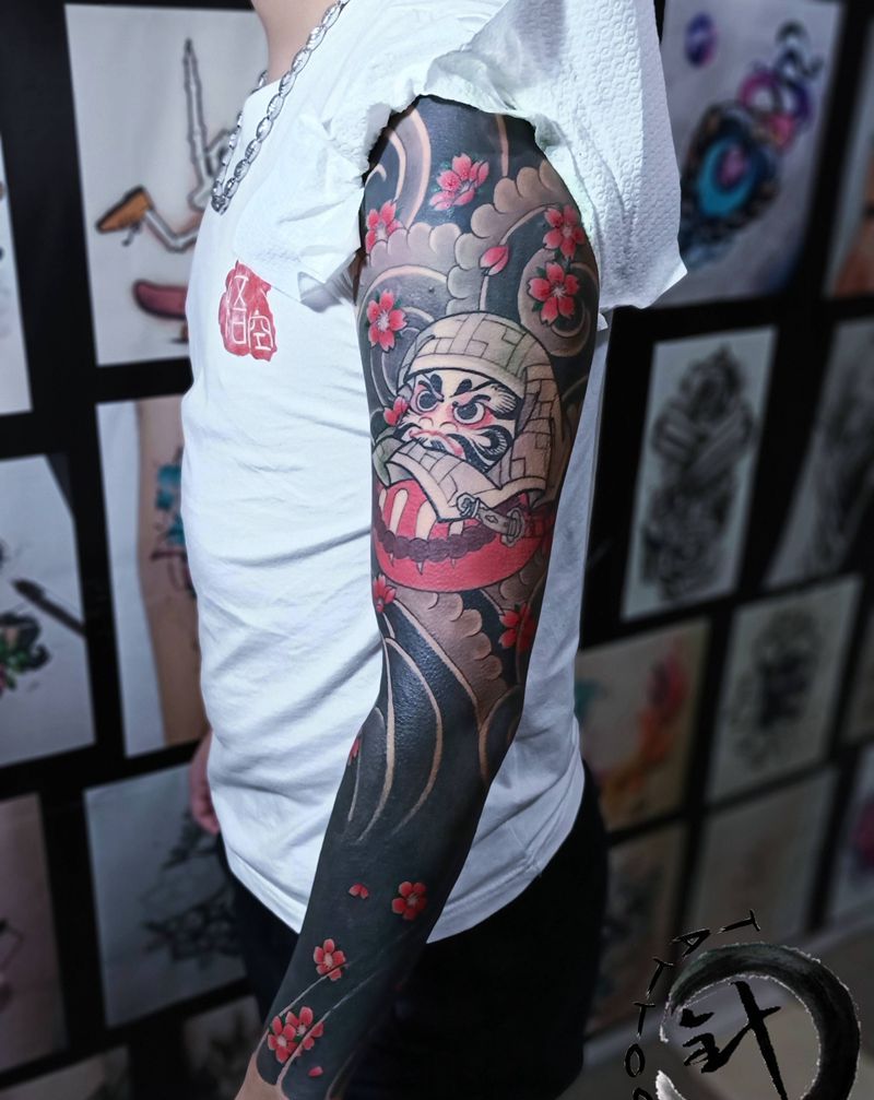 达摩蛋纹身图片_手臂老传统达摩蛋黑臂纹身图案