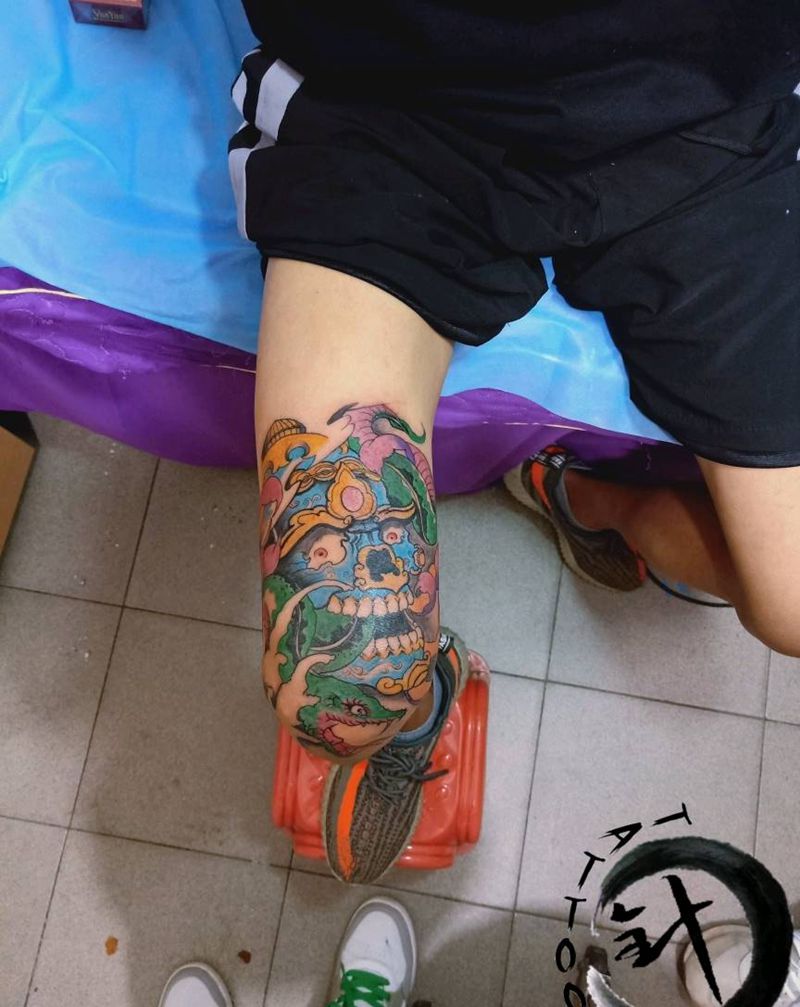 嘎巴拉爆膝纹身图片_传统宗教原创小小白刺塔图~针膝盖成品纹身图案