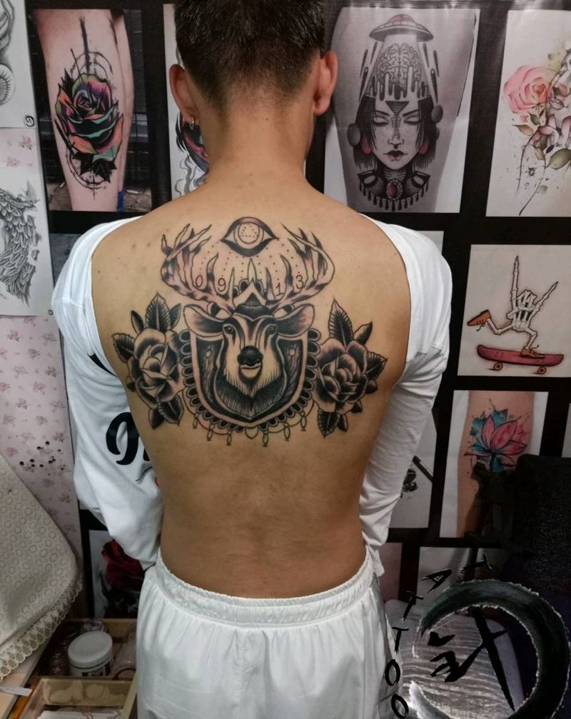 鹿#修改纹身图片_背部欧美动物原创小小白刺塔图~针修改添加成品纹身图案