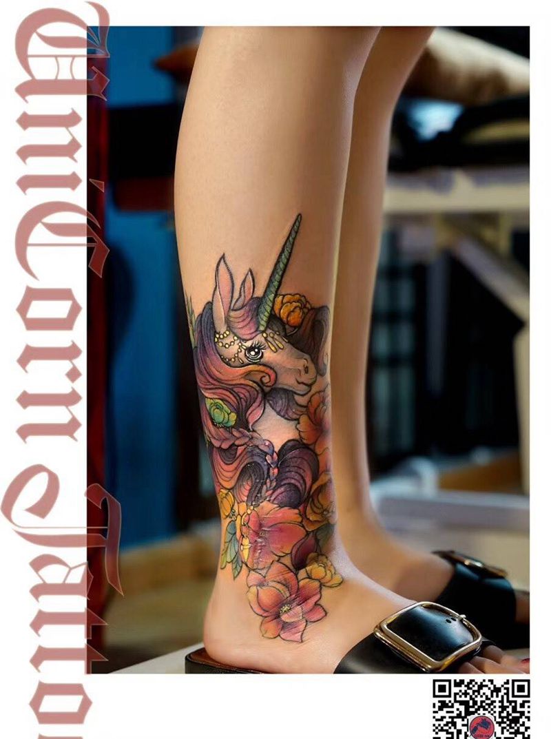 伤疤遮盖 独角兽纹身图片_成品腿部欧美原创动物纹身图案