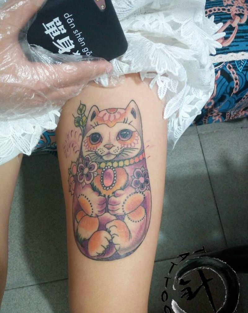 喵||恢复后纹身图片_腿部欧美动物原创恢复后小白刺青塔图 针成品纹身图案