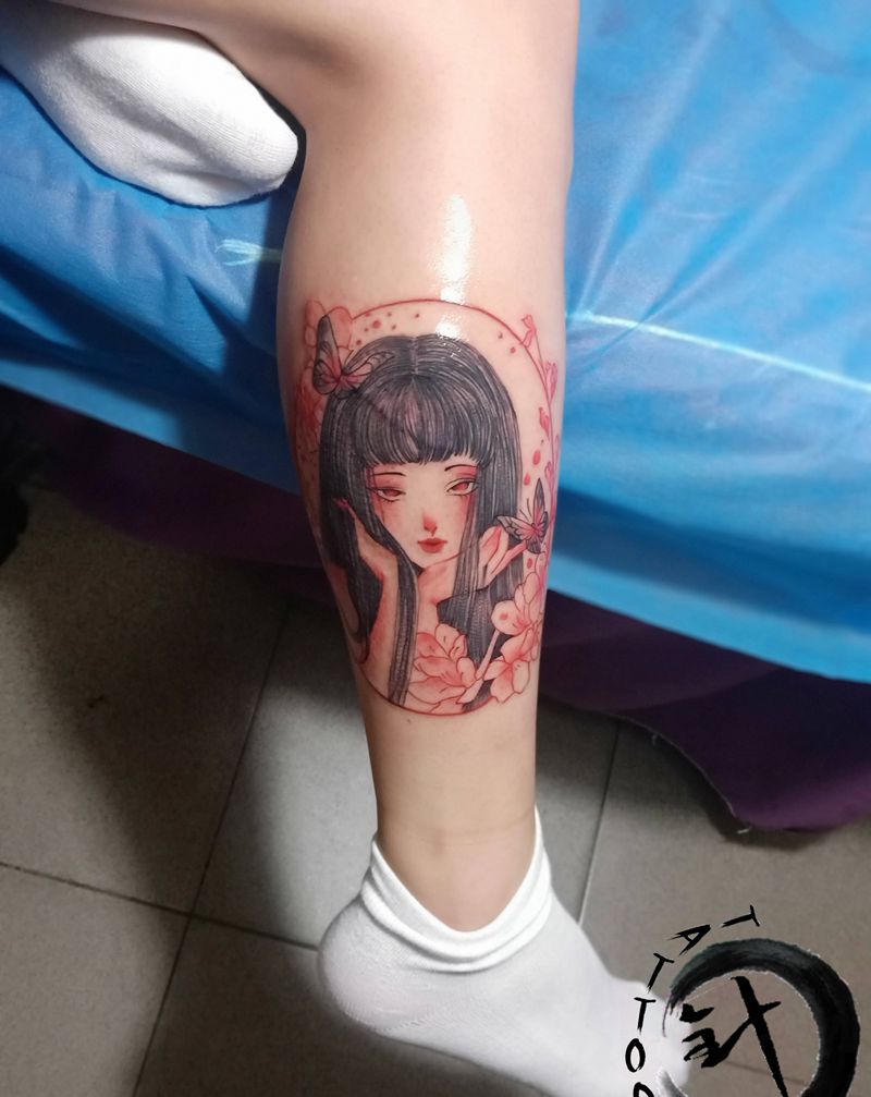 川上富江 盖疤纹身图片_腿部水彩富江川上富江纹身图案