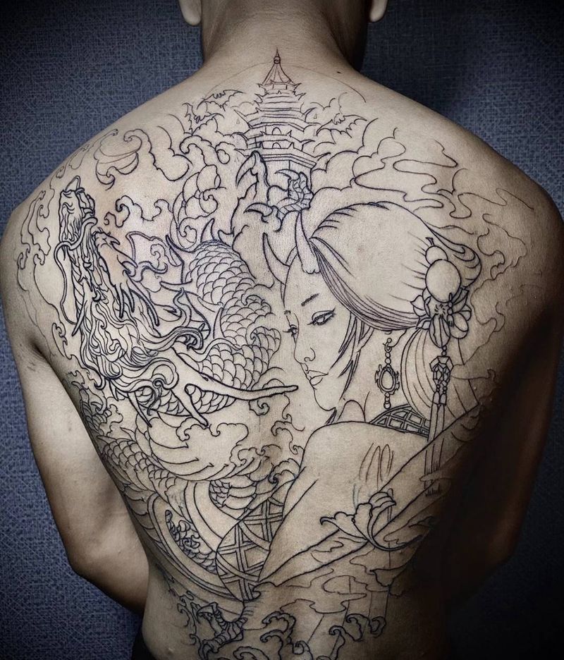 龙姬纹身图片_背部新传统纹身图案