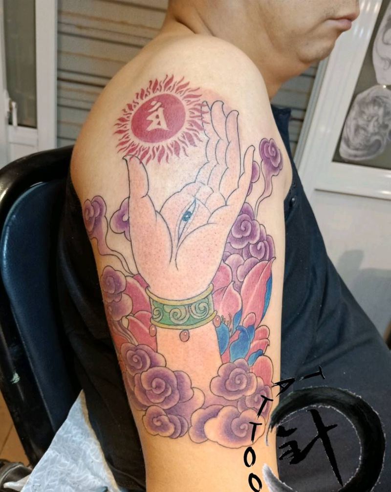 佛手纹身图片_手臂老传统新传统佛手莲花纹身图案