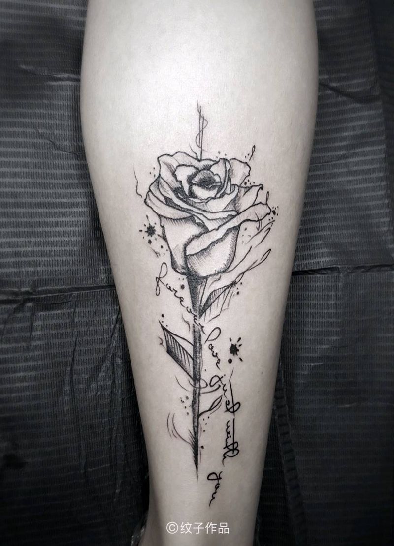 线条玫瑰纹身图片