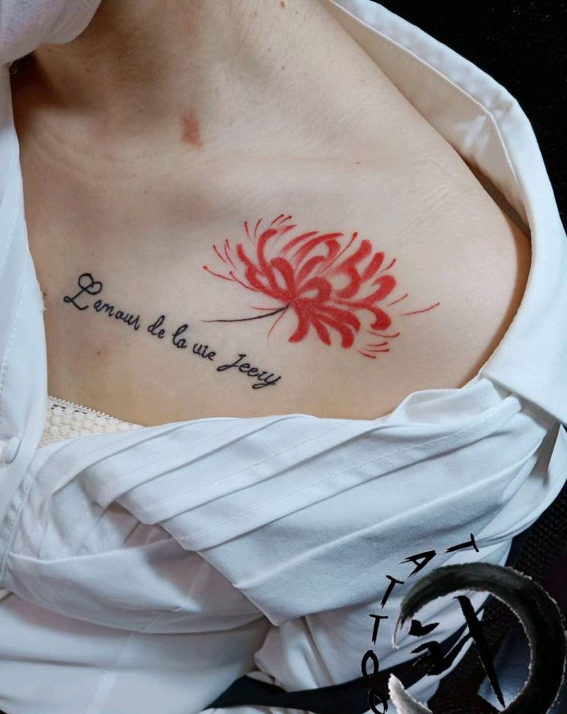 彼岸花 恢复后纹身图片_胸部肩部水彩水墨彼岸花恢复后纹身图案