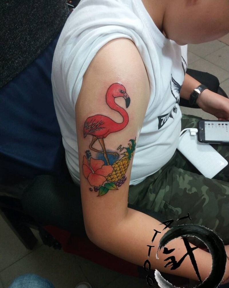 火烈鸟纹身图片_手臂传统动物植物原创小白刺青塔图~针成品纹身图案