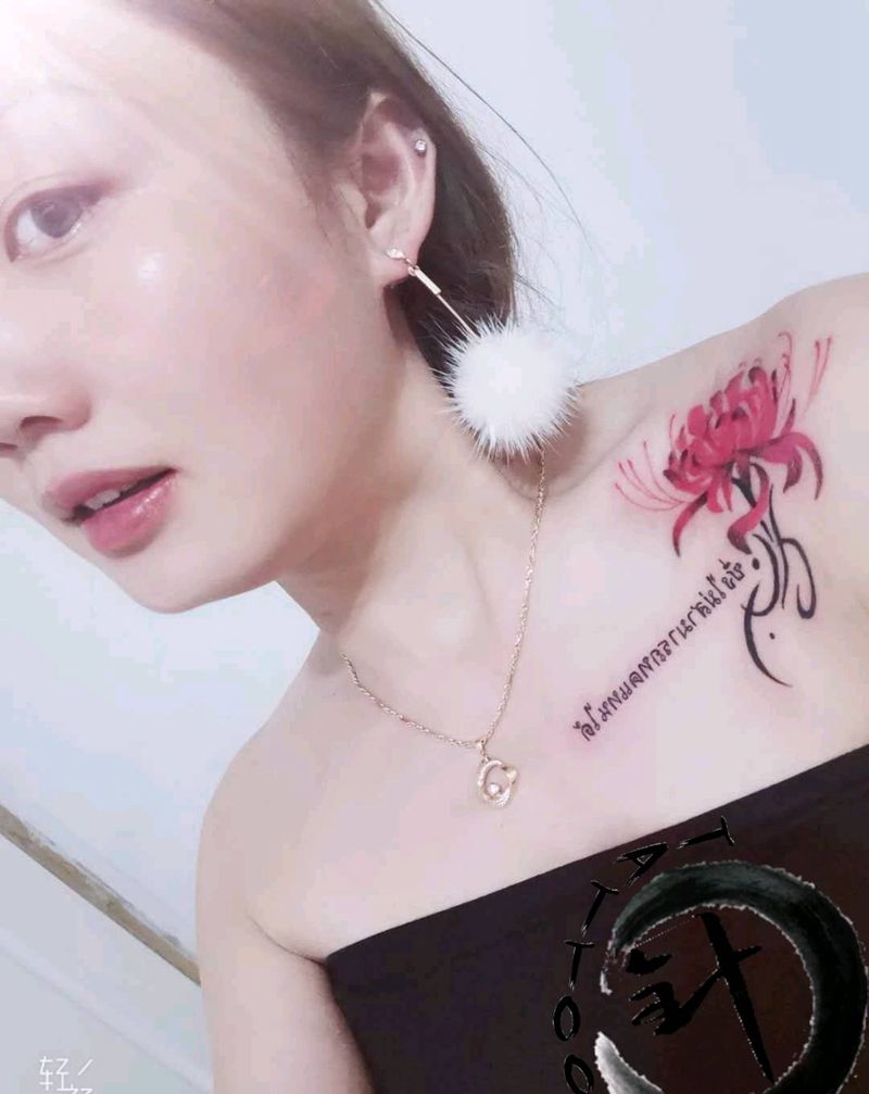 买家秀纹身图片_肩部水彩彼岸花纹身图案