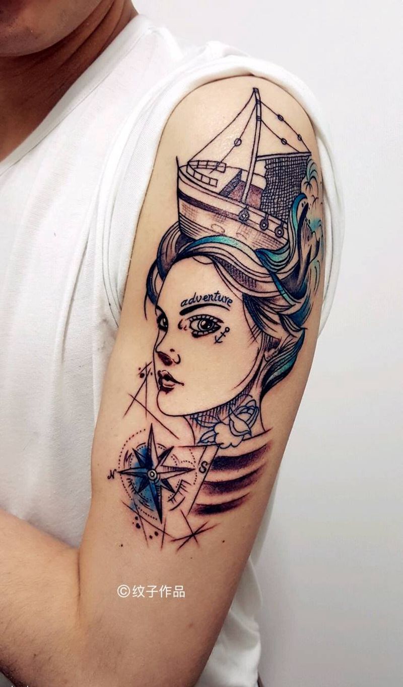 大臂插画美女纹身图片