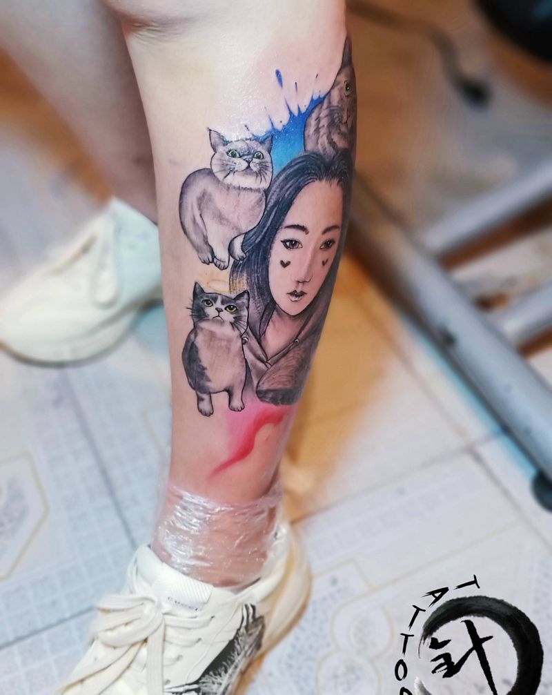 肖像/猫 水彩纹身图片_腿部水彩欧美写实肖像猫写实纹身图案