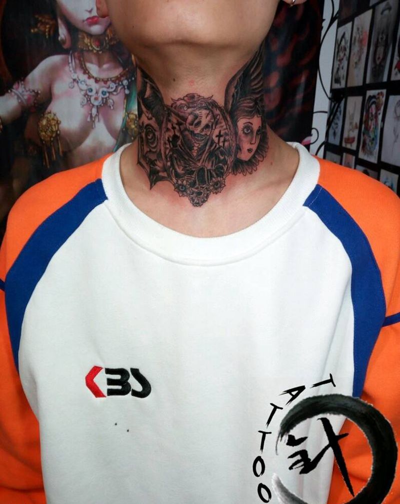 school纹身图片_颈部欧美人物原创小白刺青塔图~针成品纹身图案