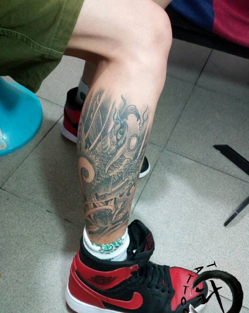 鱼||恢复后纹身图片_腿部传统动物原创恢复后小白刺青塔图 针成品纹身图案