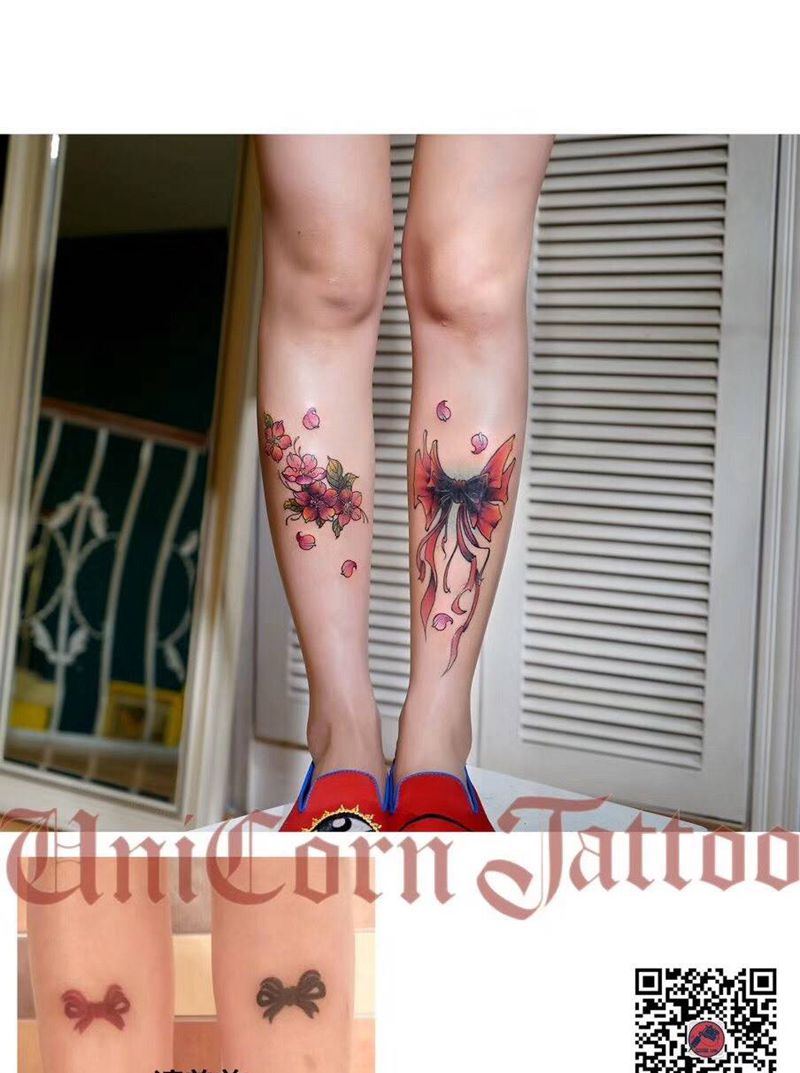 遮盖蝴蝶结纹身图片_成品腿部欧美原创纹身图案