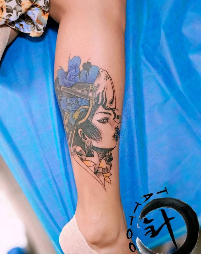 遮盖纹身图片_腿部艺妓遮盖纹身图案