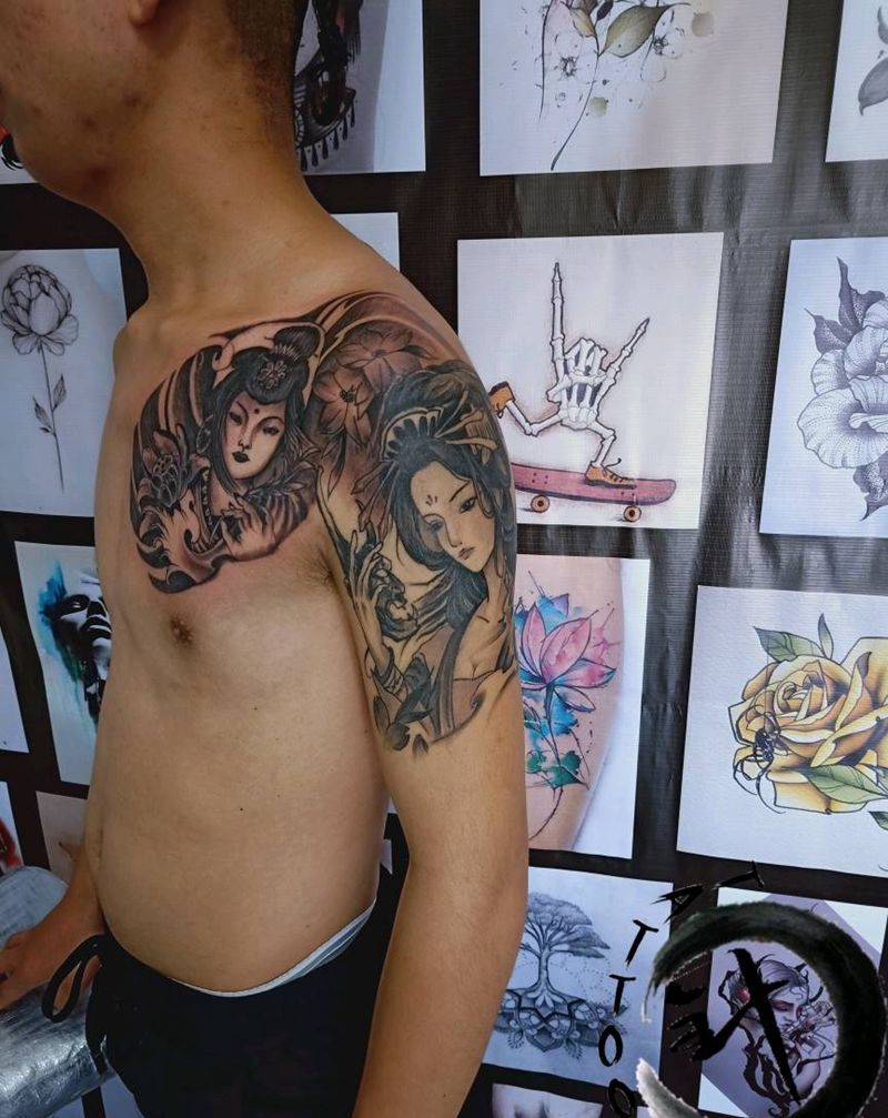 艺伎纹身图片_胸部手臂传统人物原创小小白刺塔图~针成品纹身图案