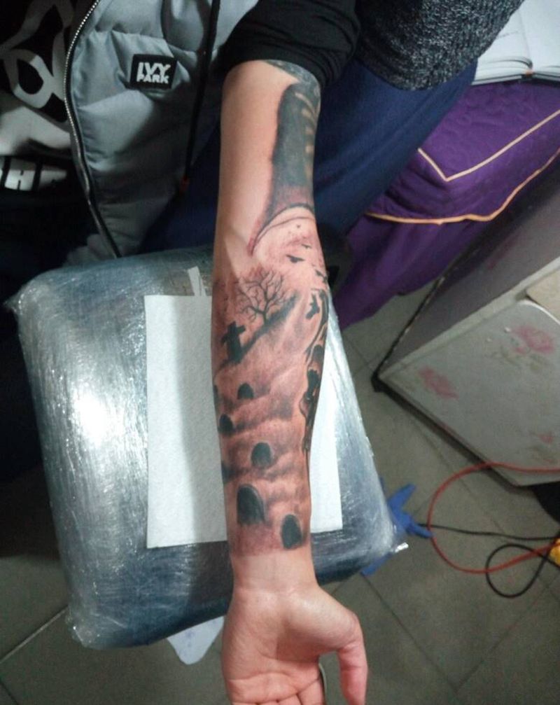 死神|小臂纹身图片_手臂鬼神原创小白刺青塔图 针成品纹身图案