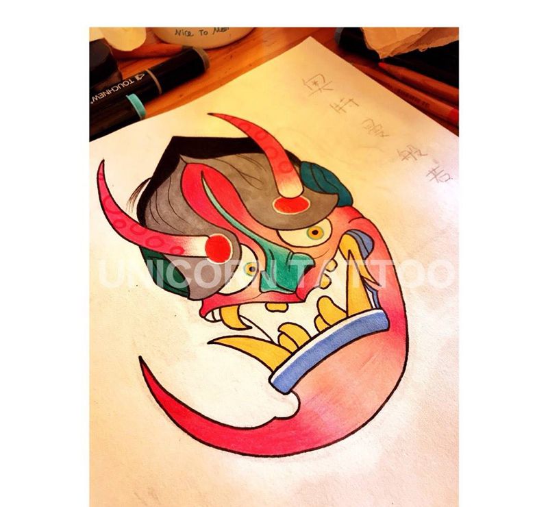 般若纹身图片_手稿鬼神卡通手臂纹身图案