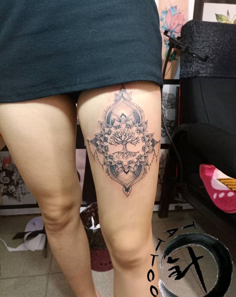 梵花纹身图片_腿部点刺梵花纹身图案