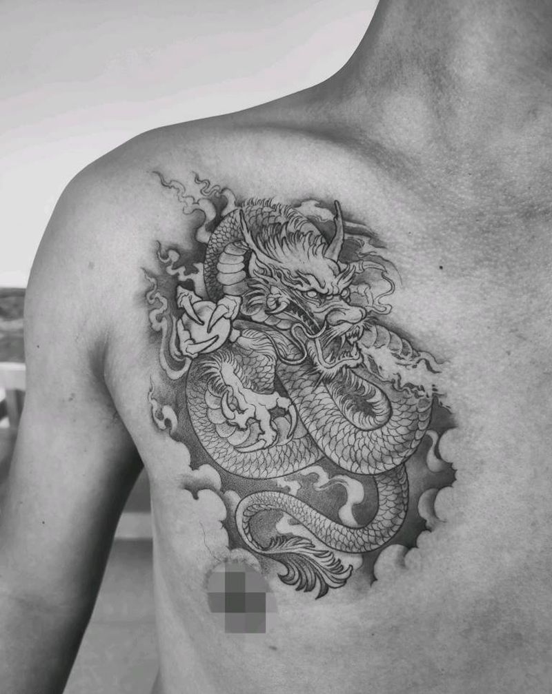 龙纹身图片_胸部新传统纹身图案