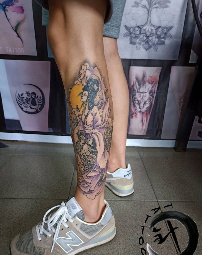 #恢复后#纹身图片_腿部新传统老传统嫦娥纹身图案