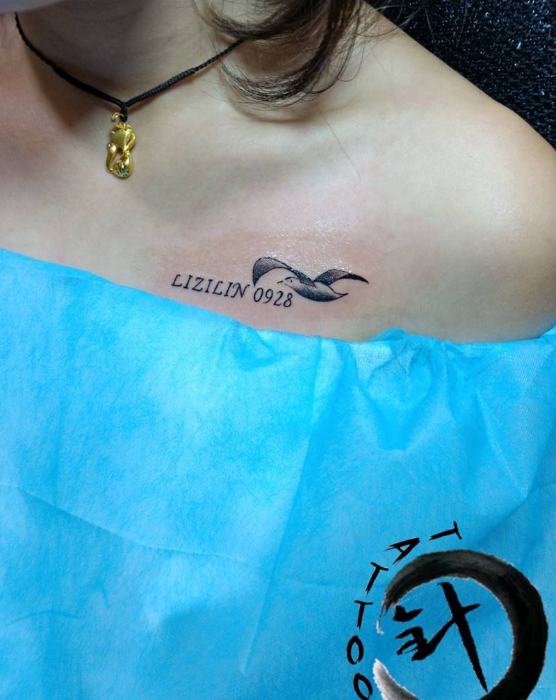 字母纹身图片_胸部字母 鸟纹身图案