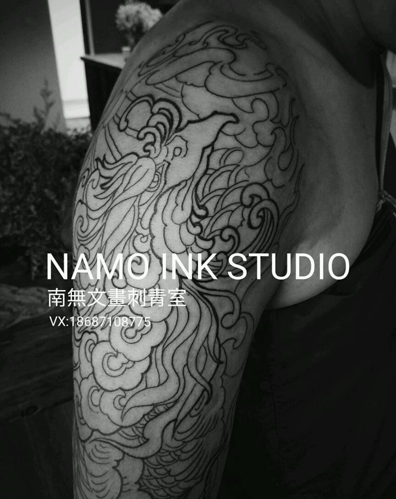 凤凰花臂纹身图片_手臂传统动物凤凰成品手稿纹身图案