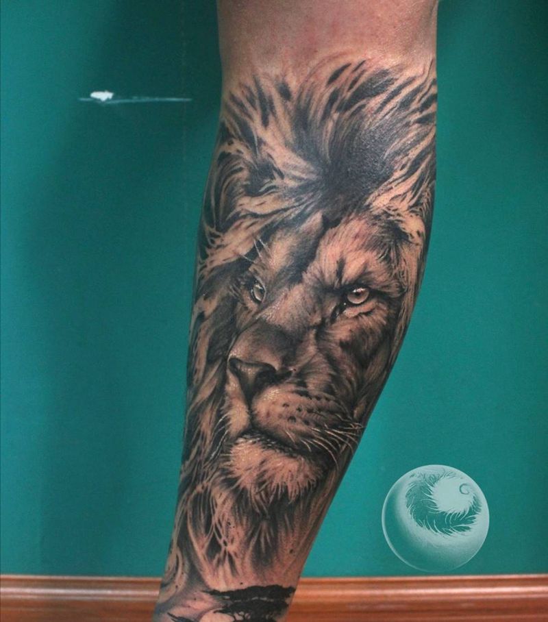 狮子纹身图片_腿部欧美写实狮子纹身图案