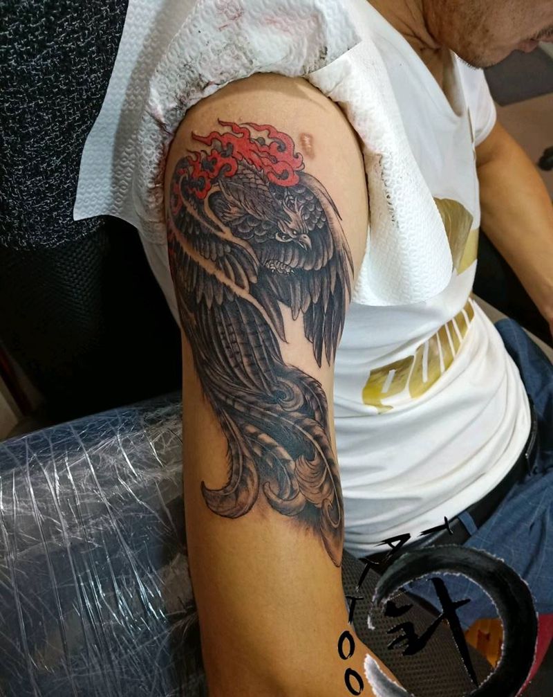 朱雀纹身图片_手臂老传统新传统朱雀纹身图案