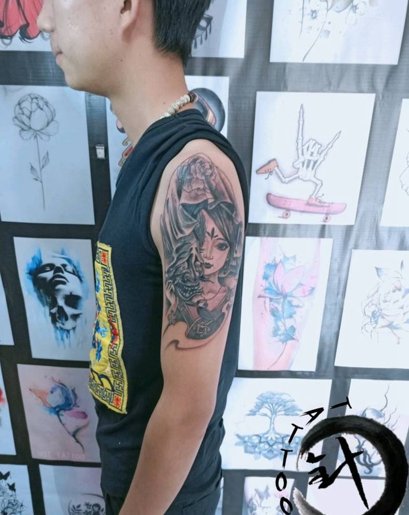 艺伎纹身图片_手臂传统人物原创小小白刺塔图~针成品纹身图案