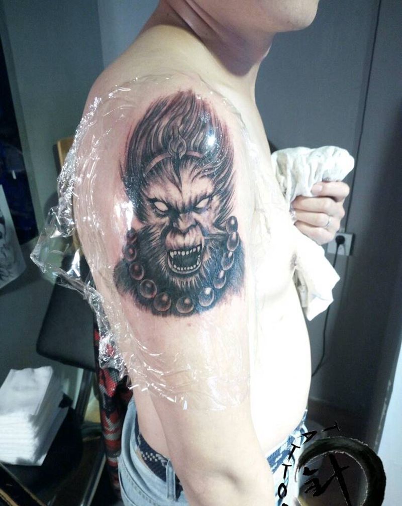 猴子纹身图片_手臂传统人物原创小白刺青塔图 针成品纹身图案