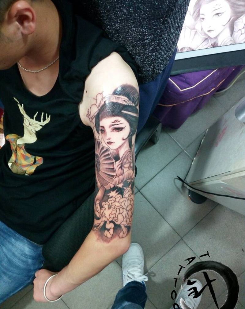 艺妓||包臂||未完…纹身图片_手臂传统人物原创小白刺青塔图~针半成品纹身图案