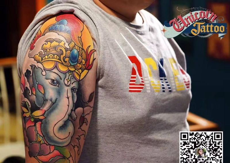 彩色象神纹身图片_成品手臂欧美动物宗教原创纹身图案