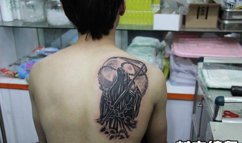 死神纹身图片_成品背部传统人物纹身图案