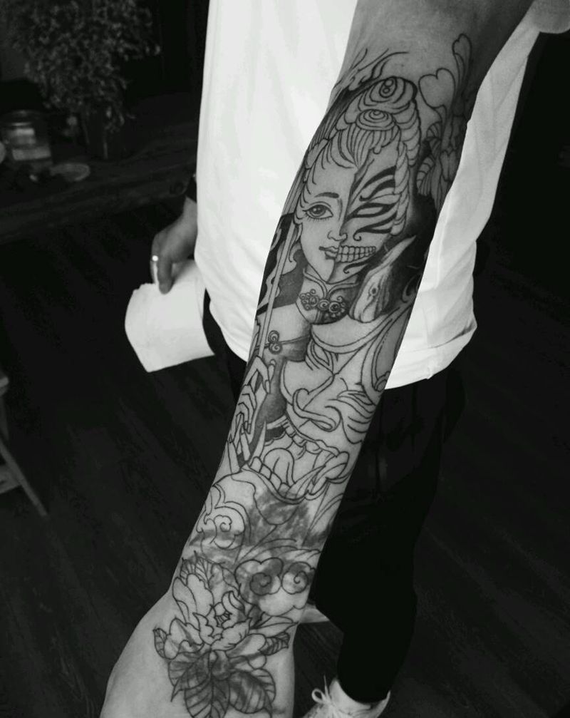 艺伎般若纹身图片_手臂传统鬼神般若艺伎花臂成品手稿纹身图案