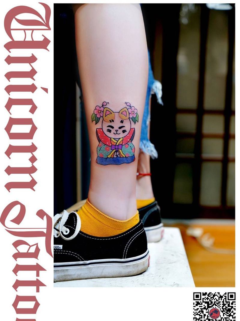 日式猫咪纹身图片_成品腿部清新动物原创卡通纹身图案