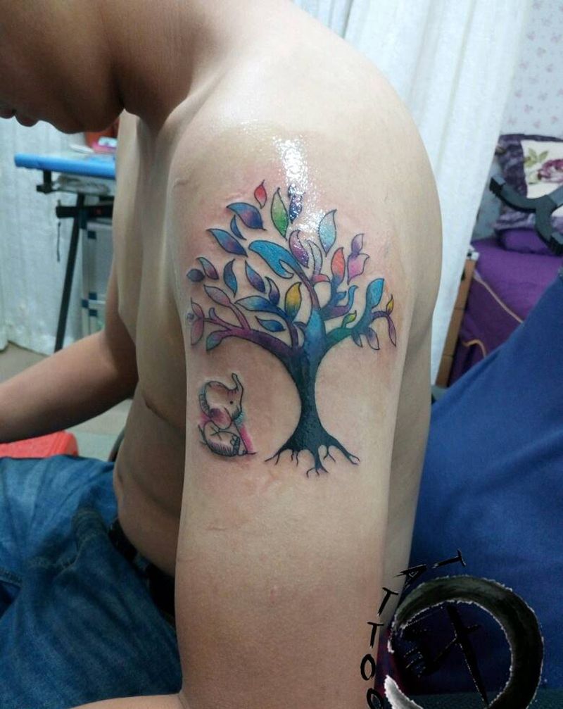 水彩象||树纹身图片_手臂动物植物原创小白刺青塔图 针水彩成品纹身图案