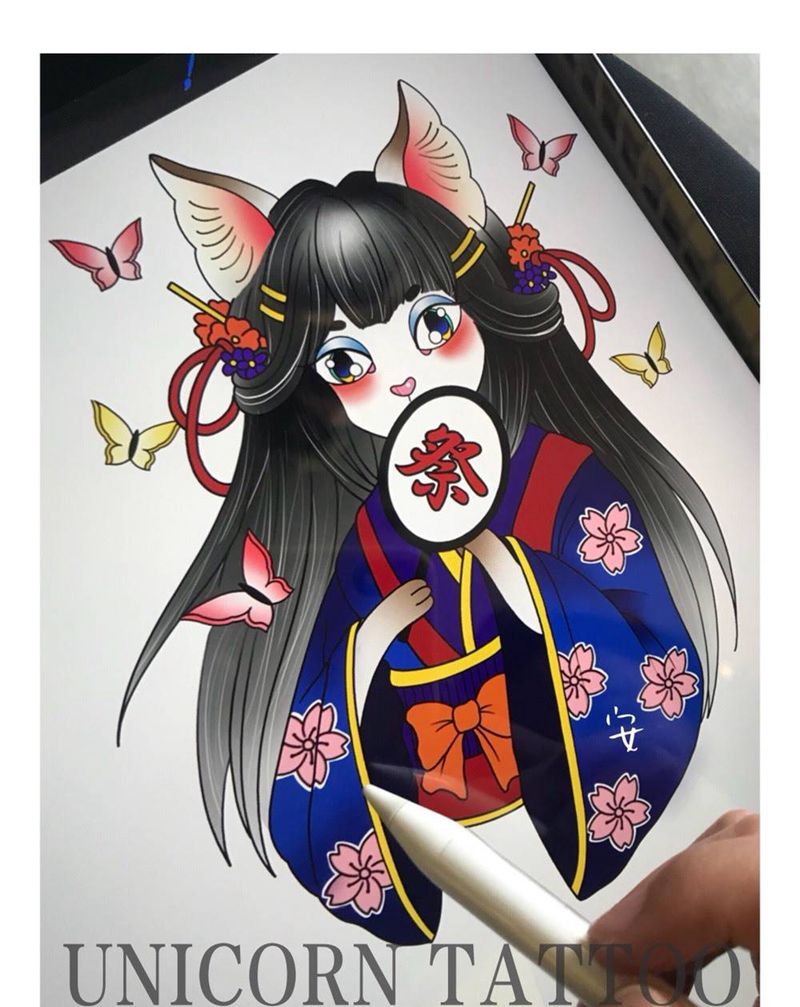 猫妖小可爱纹身图片_手稿手臂腿部动物鬼神原创卡通纹身图案