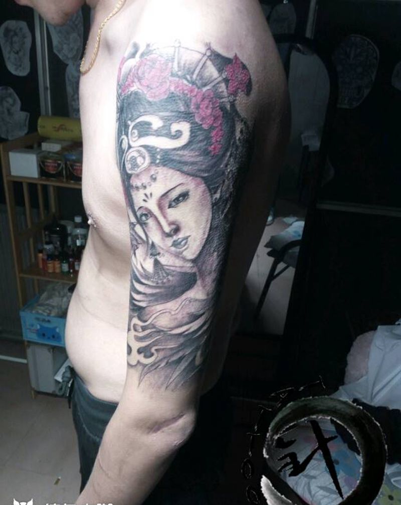 艺妓纹身图片_手臂传统人物原创小白刺青塔图~针成品纹身图案