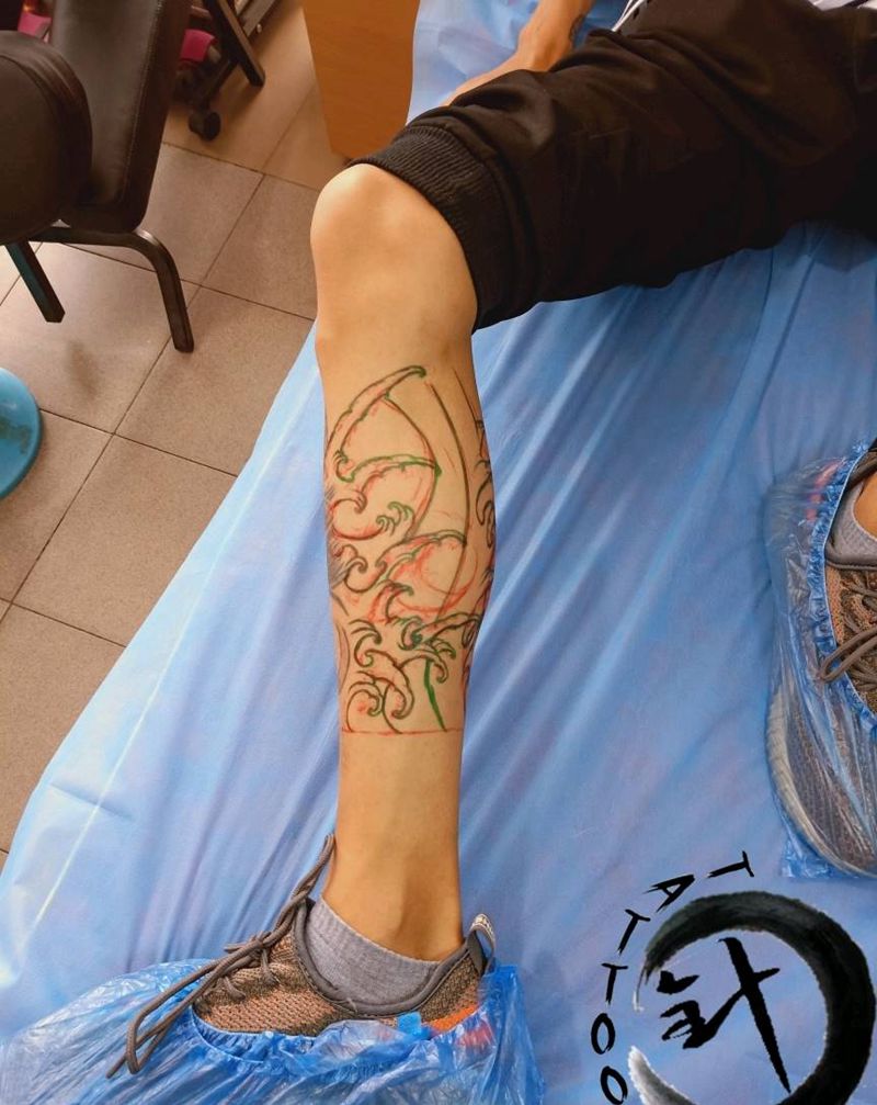 浪纹身图片_腿部传统原创小小白刺塔图~针成品纹身图案