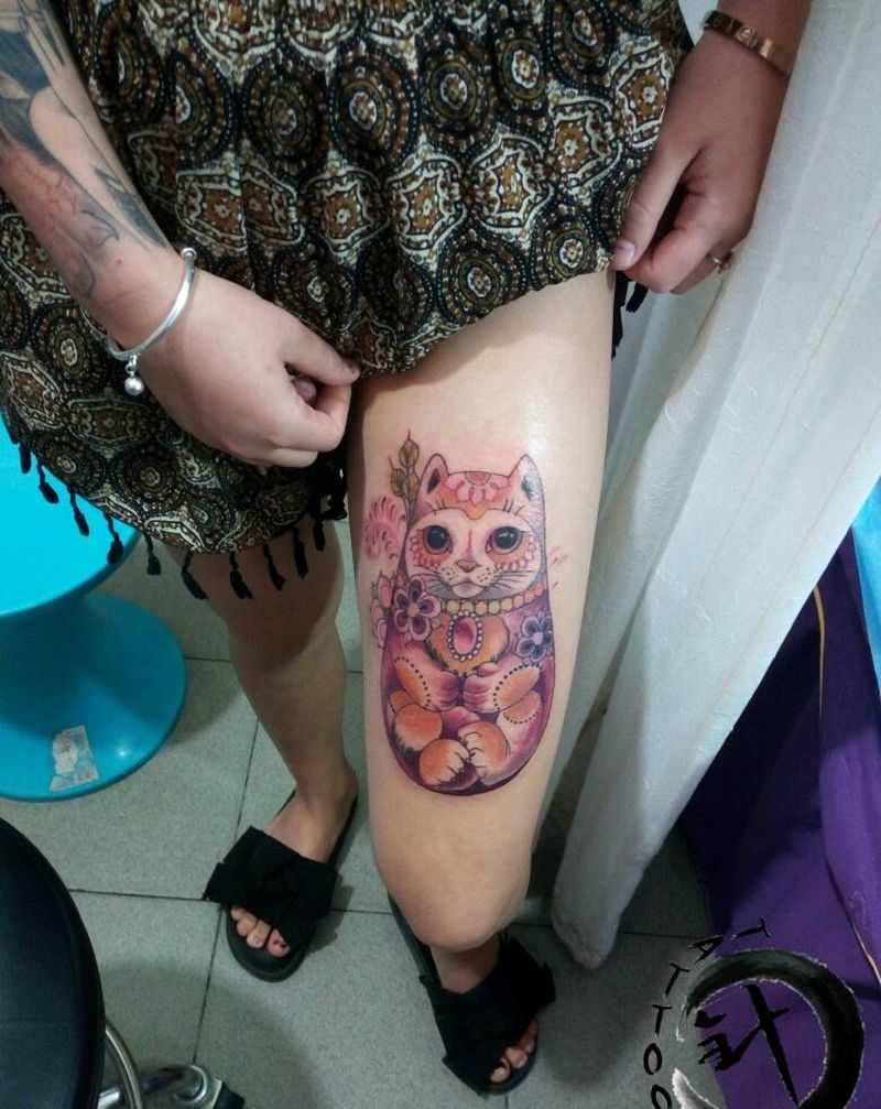 小喵咪纹身图片_腿部欧美动物原创小白刺青塔图 针成品纹身图案