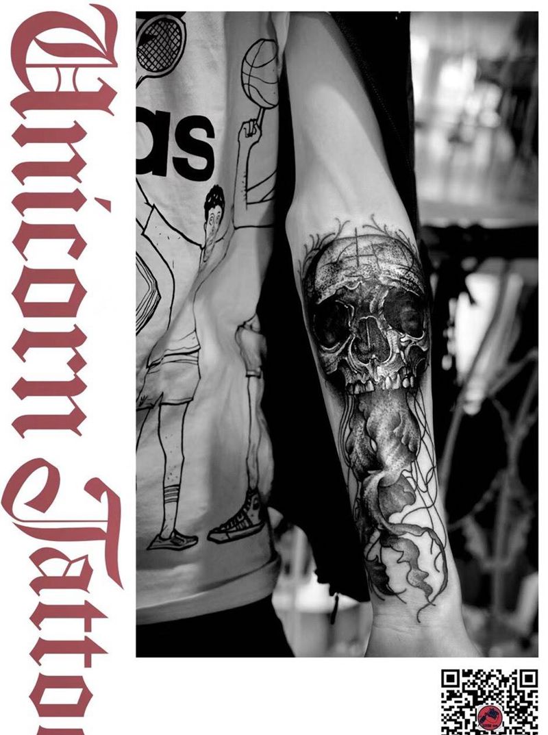 骷髅水母 遮盖纹身图片_成品手臂欧美鬼神纹身图案