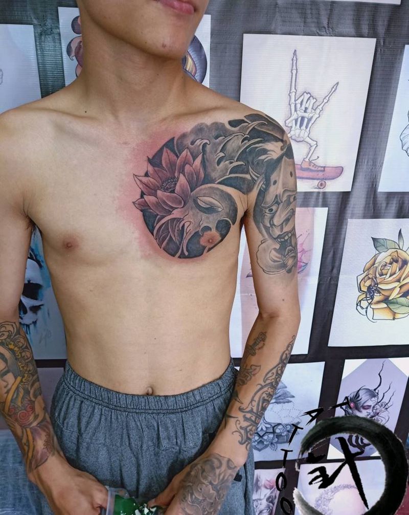 半甲纹身图片_胸部传统植物原创小小白刺塔图~针成品纹身图案